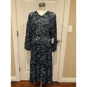 Free People Navy Blue Dress W/ White Floral Pattern & Rear Key Hole, Size Small